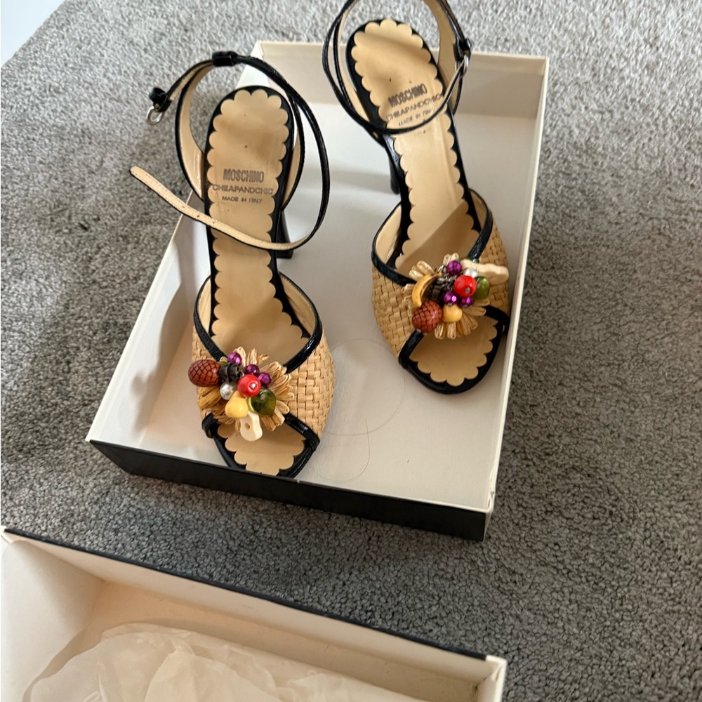 Moschino Black and Tan Embellished Sandals